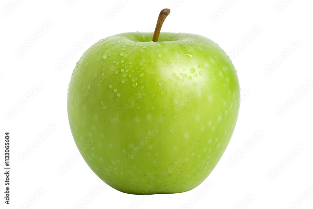 Poster close-up view of a ripe green apple with leaf, highlighting smooth surface and subtle variations in 