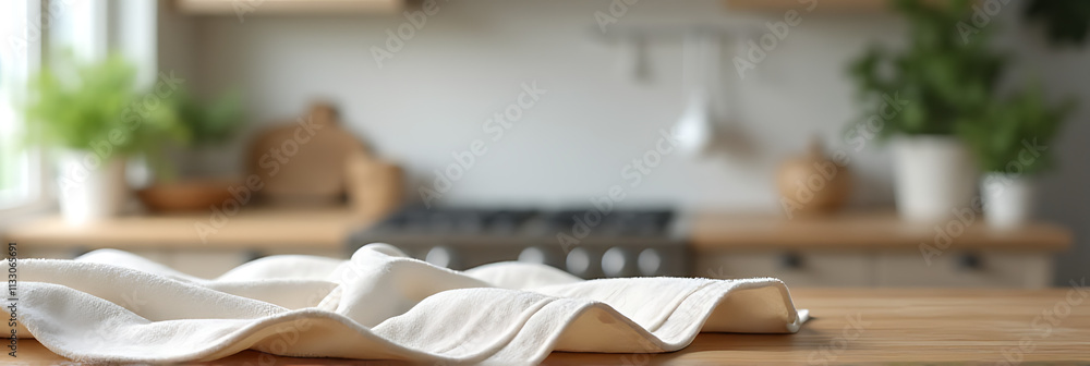 Poster a fabric or cloth is placed on a wood table top against a blurred kitchen background for product dis