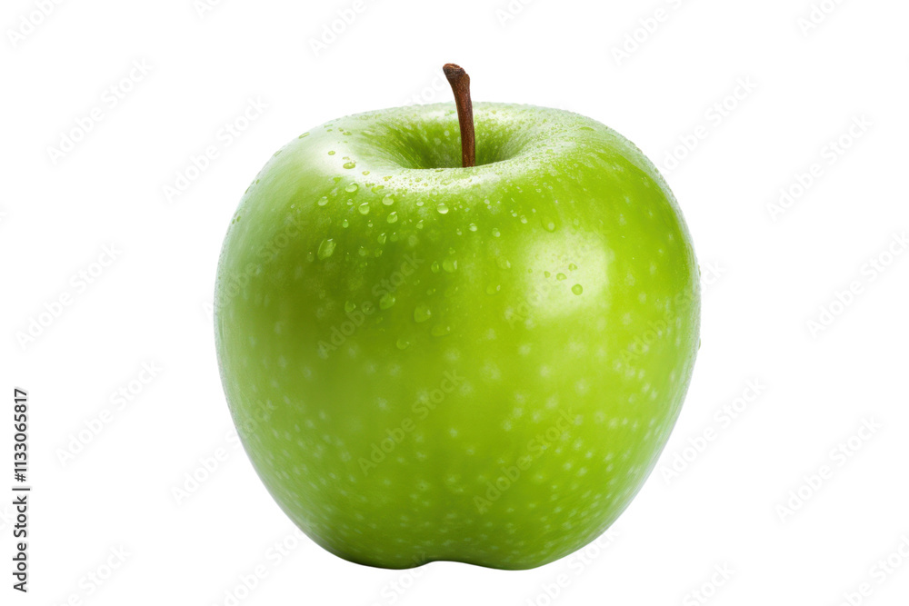 Poster close-up view of a ripe green apple with leaf, highlighting smooth surface and subtle variations in 