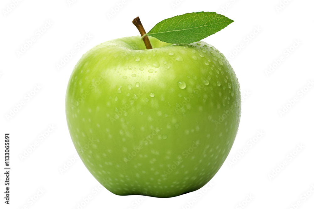 Aufkleber close-up view of a ripe green apple with leaf, highlighting smooth surface and subtle variations in 