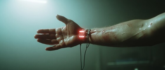 An outstretched arm reveals a futuristic digital interface glowing with data, merging human and technology in a mysterious, moist environment.