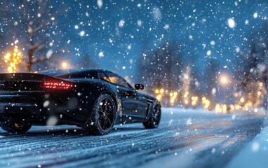A sleek black car driving on a snow-covered road with holiday lights glowing in the distance