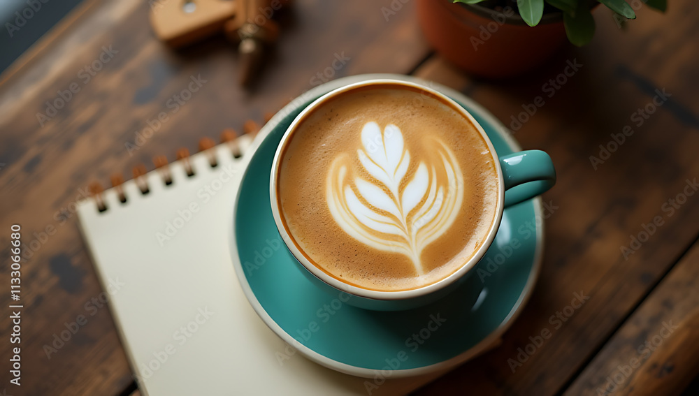 Poster A cup of coffee latte sits atop a vintage wooden table next to an open notepad in a top view setting._00002_