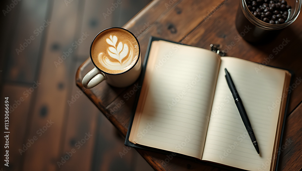 Poster A cup of coffee latte sits atop a vintage wooden table next to an open notepad in a top view setting._00001_