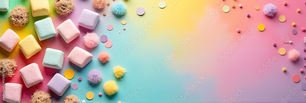 Poster A colorful party setting features a decorative flat lay with a vibrant background texture and fluffy marshmallows on display nearby._00002_
