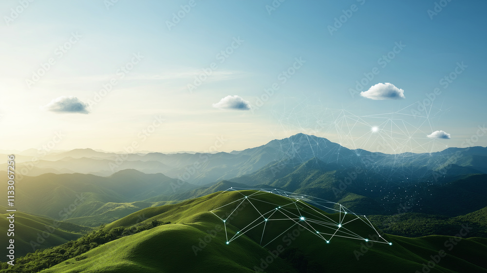Poster serene landscape featuring rolling green hills and distant mountains, enhanced by digital elements t
