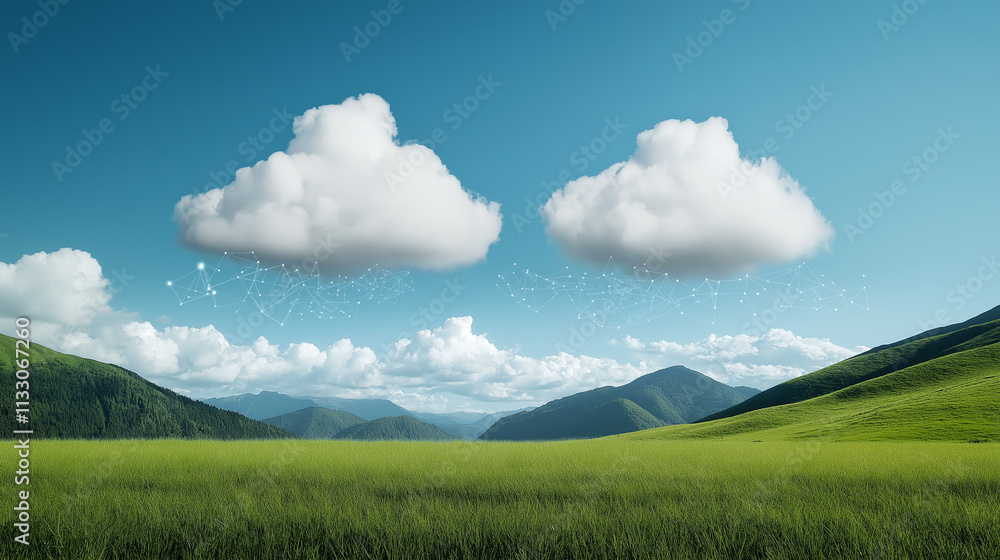 Poster serene landscape featuring lush green fields and fluffy clouds, with digital elements connecting the