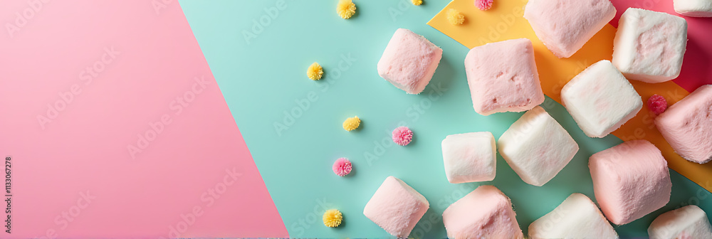 Poster A colorful party setting features a decorative flat lay with a vibrant background texture and fluffy marshmallows on display nearby._00001_