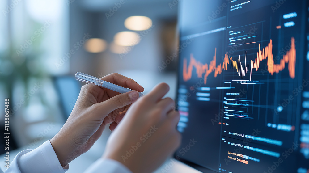 Poster hands holding pen while analyzing data on computer screen, showcasing graphs and statistics in moder