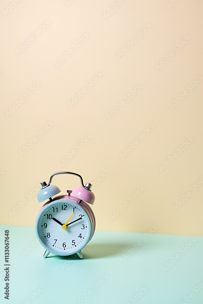 Poster A colorful alarm clock sits on a soft pastel background in this tiny minimalist flat lay scene setup._00001_