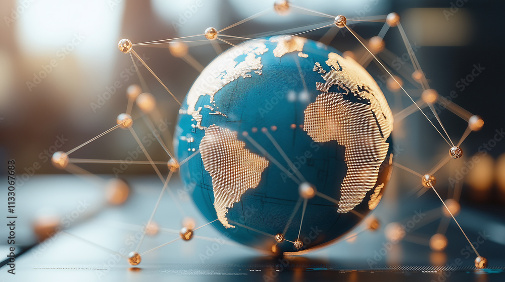 Poster globe with interconnected lines and nodes, symbolizing global connectivity and technology. vibrant b