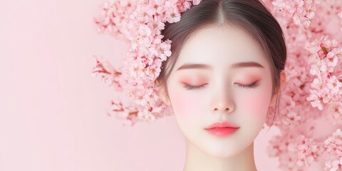 Fototapeta premium Peaceful Blossom: Serene beauty portrait of a young woman surrounded by delicate pink flowers, embodying tranquility and natural beauty. 