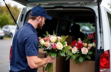 A man is carefully placing beautiful flowers in the back of a van