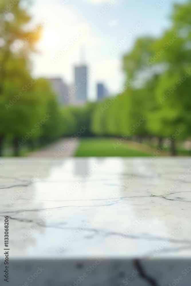 Poster A clean marble countertop with blurred green park landscape and distant city skyline creates a visually appealing selective focus effect._00002_
