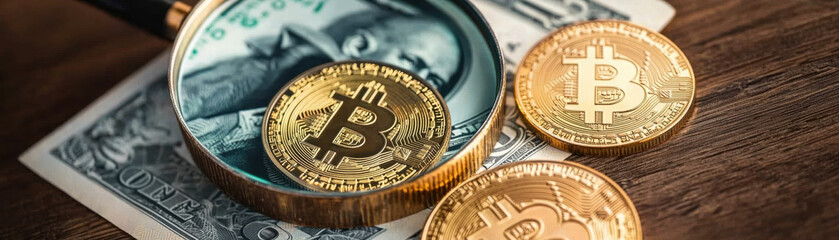 Cryptocurrency Financial Regulation. Magnifying glass over Bitcoin coins and a dollar bill on a wooden surface.