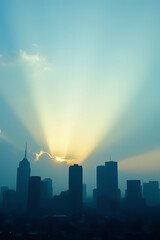 Fototapeta premium A cityscape featuring a cluster of buildings silhouetted against a bright blue sky filled with warm sunlight streaming downwards._00001_