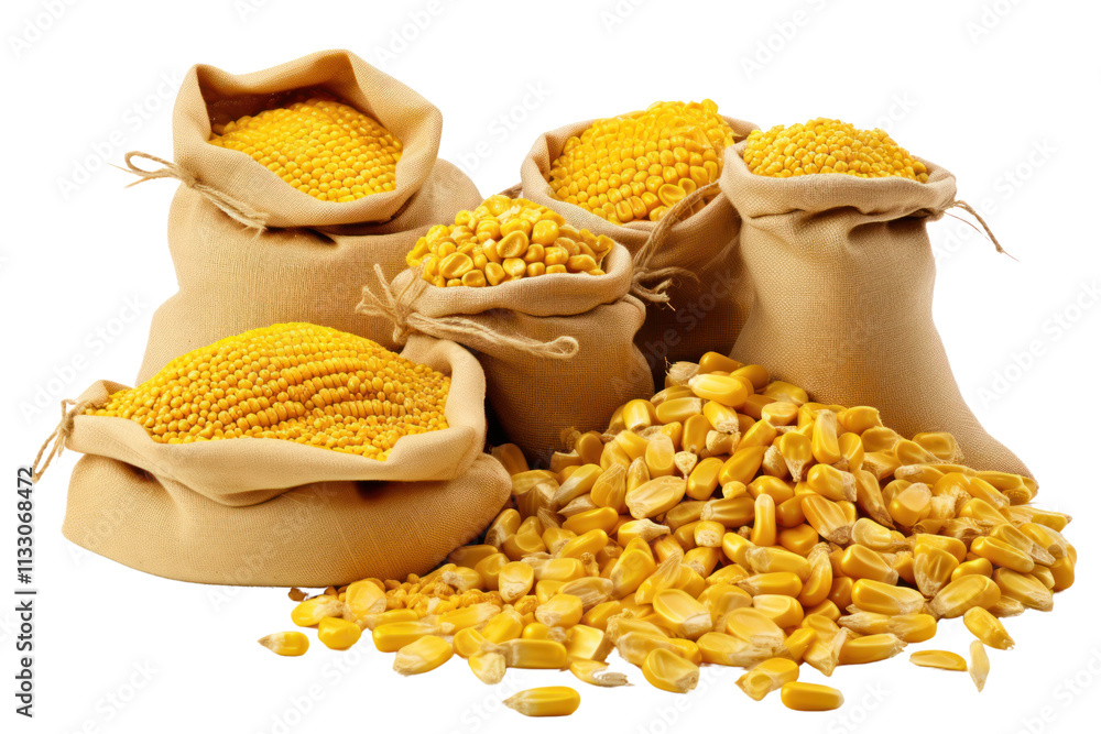 Poster an overhead shot of several burlap sacks filled with fresh corn kernels, with some kernels separated