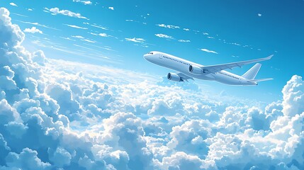 Fototapeta premium Passenger airplane in the sky above the clouds panoramic background with flying plane in blue sky