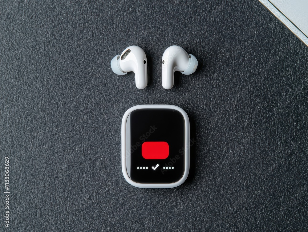 Poster spam call block technology concept. a pair of wireless earbuds rests above a sleek device with a red