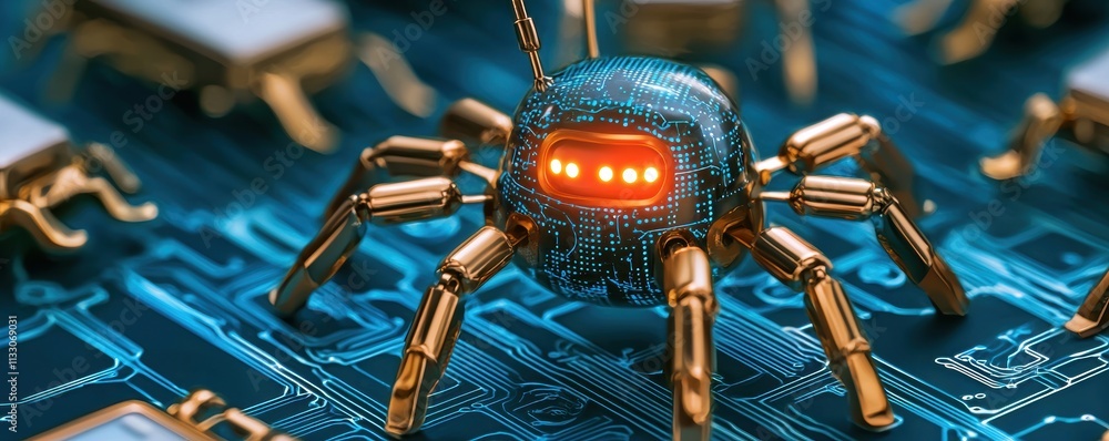 Poster spam call block technology concept. a robotic spider sits on a circuit board, highlighting the blend