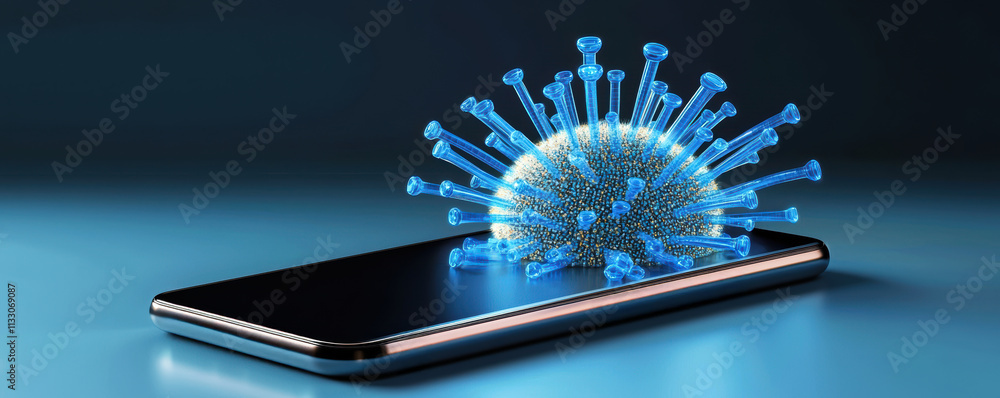 Poster spam call block technology concept. a digital illustration of a smartphone with a glowing virus mode