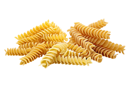 An artistic arrangement of fusilli pasta in various orientations, highlighting its distinct spiral form and surface detail against a clean backdrop.