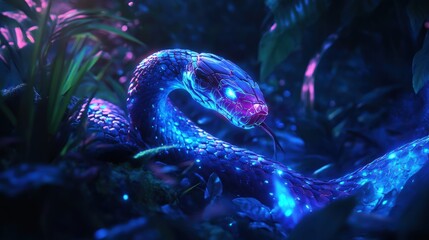 Futuristic Glowing Snake Surrounded by Lush Neon Jungle