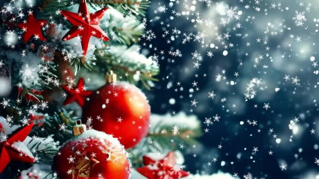 Festive Winter Scene: Snow Falling Over a Decorated Pine Branc