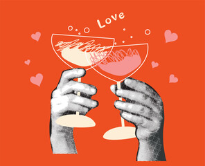 Halftone collage in contemporary mixed media style. Paper hands hold glasses of champagne. Trendy  vector illustration. Concept of relationship, love, romance, valentine day.