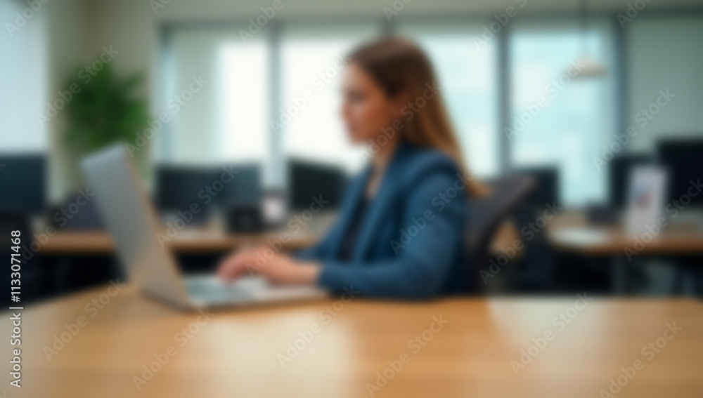 Aufkleber A blurred worker sits at an empty wooden table in a generic office setting suitable for various visual uses._00002_
