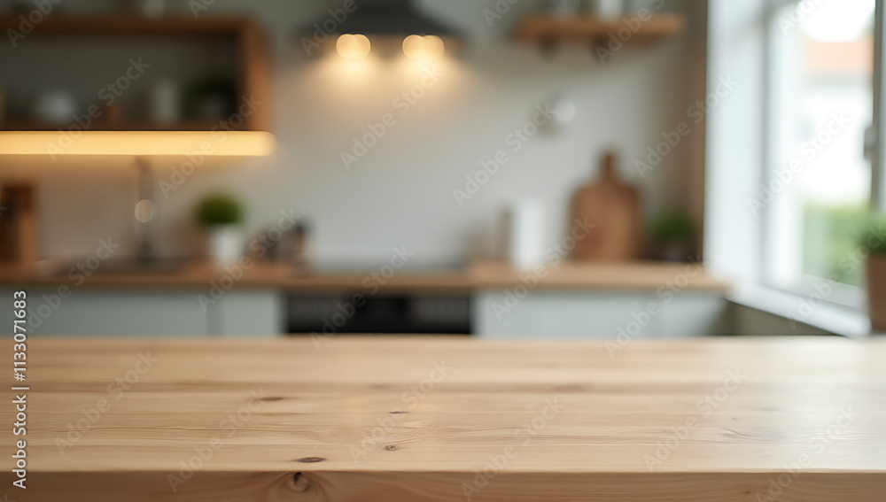 Poster a blurred kitchen counter serves as a subtle backdrop for a wooden table top in selective focus imag