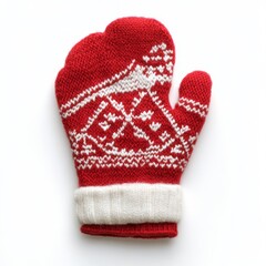 Red mitten with white trim isolated on white background