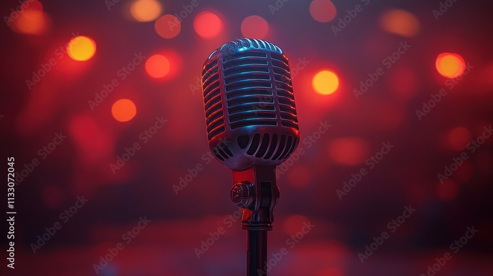 Poster Retro microphone on stage with bokeh lights.
