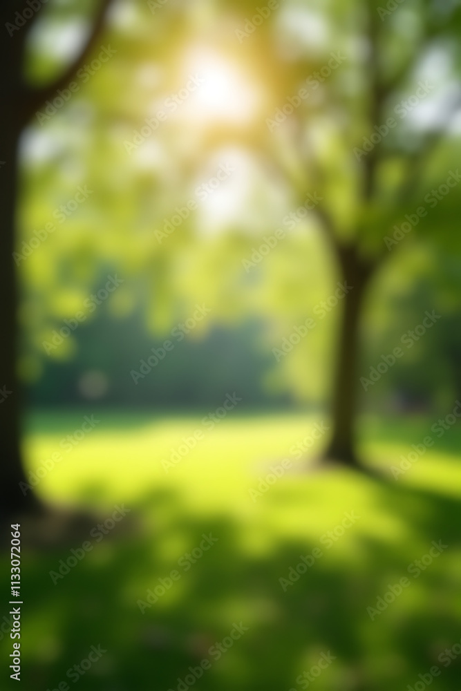 Poster A blurred bokeh of a tree garden in a morning spring scene conveys the serene beauty of nature concepts._00002_
