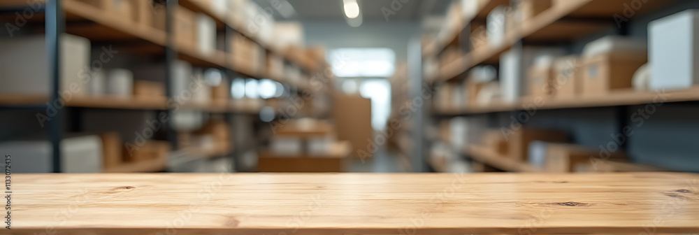 Poster a blank wooden tabletop with a blurred store factory background is suitable for displaying products 