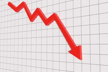 Red down arrow on a white tiled wall. Illustration of the concept of financial crisis, recession and economic turmoil