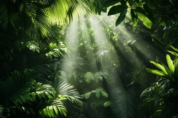 Obraz premium Rainforest canopy with light filtering through dense foliage, focus on vibrant green shades and biodiversity, photo-realistic nature capture