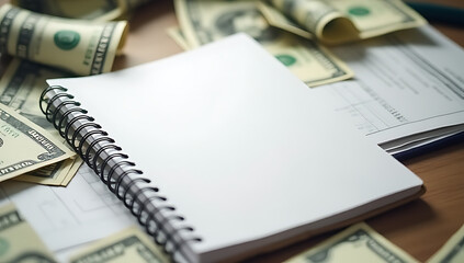 A blank notebook sits on a desk surrounded by crumpled dollar bills and other financial records in disarray._00001_