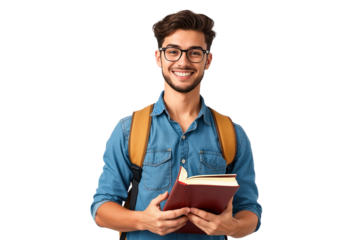 Portrait of a smiling young handsome college student holding a book, transparent background