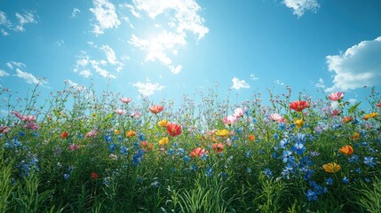 Vibrant wildflowers bloom under a sunny sky.