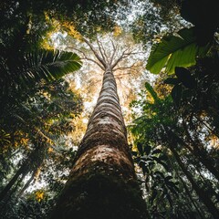Fototapeta premium Low-angle view of a tall tree in a lush forest.