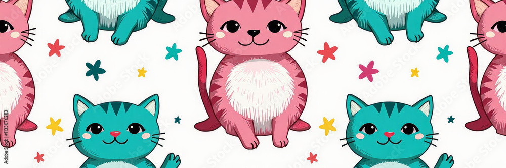 Poster a colorful pattern of cats sitting on a white background. the cats are of different colors and sizes