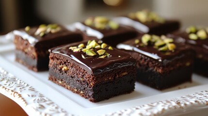 A plate of delicious chocolate brownies topped with pistachios, perfect for dessert.