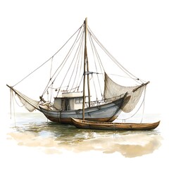 Obraz premium Watercolor painting of a weathered fishing boat at rest in shallow water with a smaller boat alongside.