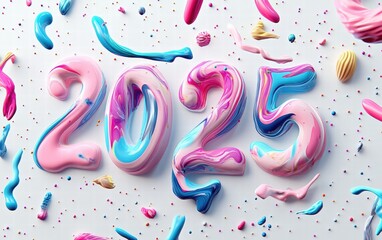Obraz premium Ice cream-inspired 2025 numbers with pastel-colored swirls and sprinkles, frozen mid-air on white background