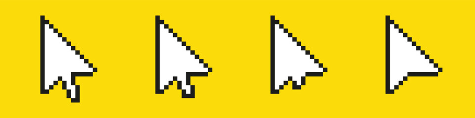Obraz premium A set of four classic pixelated computer cursors against a bright yellow background.