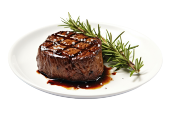 A sliced fillet steak arranged on a plate, revealing its tender interior, complemented by a drizzle of balsamic reduction and sprigs of rosemary.