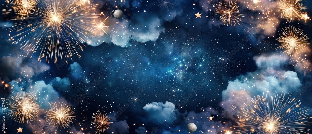 Poster description a vibrant night sky filled with colorful fireworks and soft clouds, creating a festive a