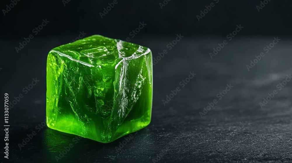 Poster a vibrant green gelatin cube sits on a dark surface, casting subtle reflections and showcasing its t