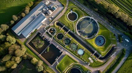 Aerial View Of Ity Station For Wastewater Treatment. A Lot Of Ponds With Dirty And Cleaned Water
